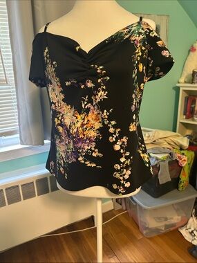 Anne Fontaine Black Floral Off-Shoulder Blouse with Ruched V-Neck